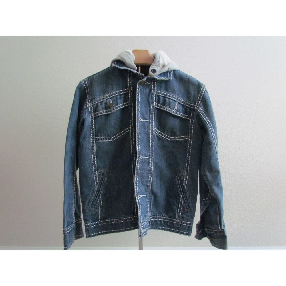 GS115 Denim Jacket Size 8-10 Blue Hooded Contrast Stitch Y2K Trucker